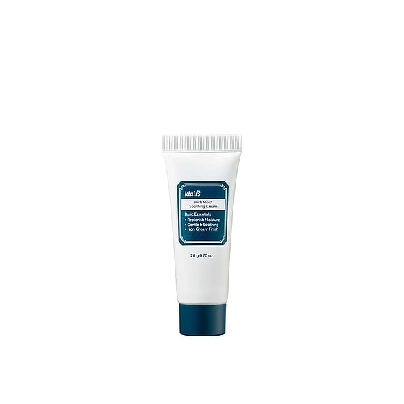 Dear, Klairs Rich Moist Soothing Cream 20g hydrates, soothes sensitive skin, and is fragrance-free