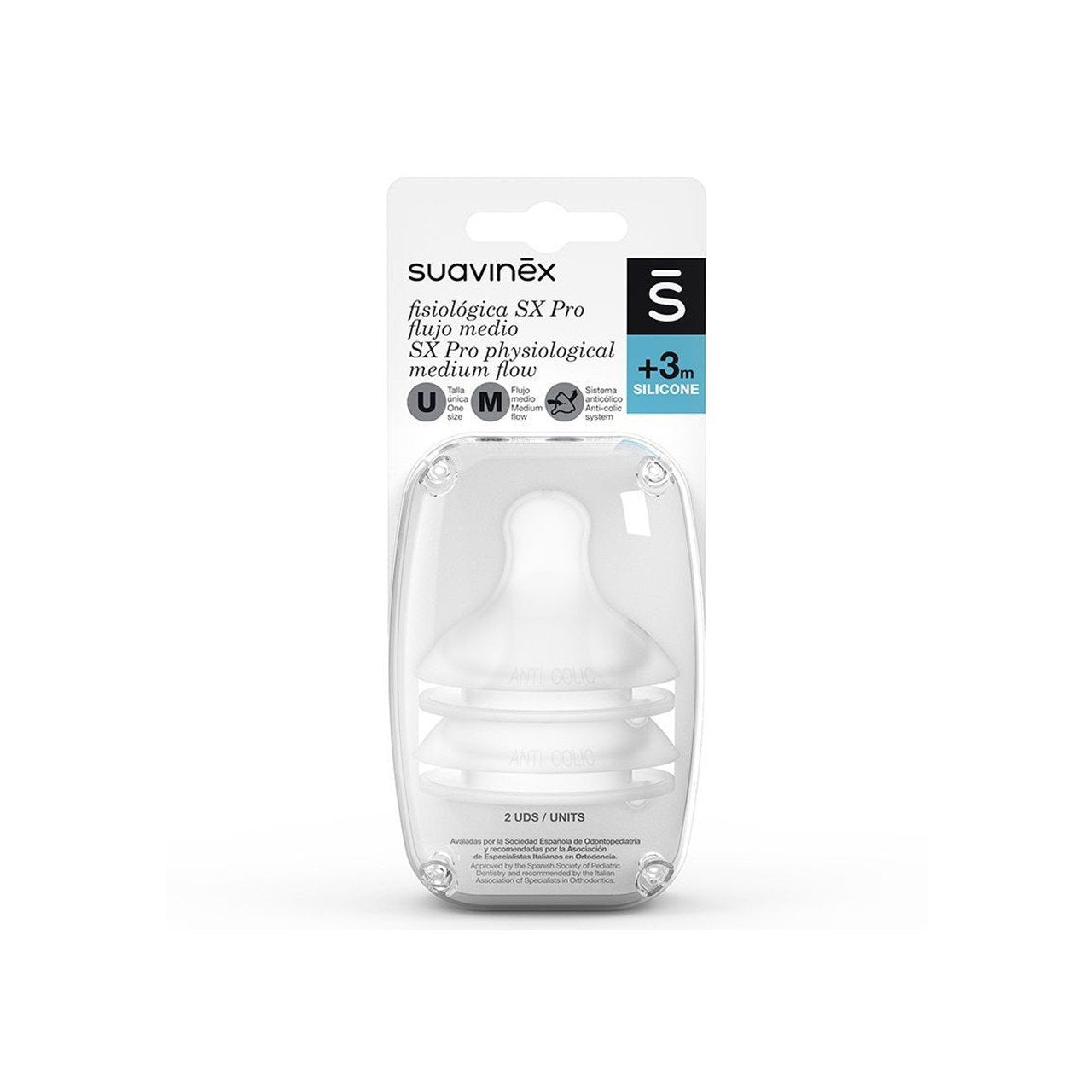 Suavinex Physiological Medium Flow SX Pro Silicone Biberão Tetina +3m x2