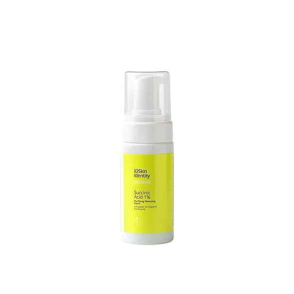 iD Skin Identity Acne Solution Succinic Acid 1% Cleansing Foam purifies, balances sebum, and minimizes pores